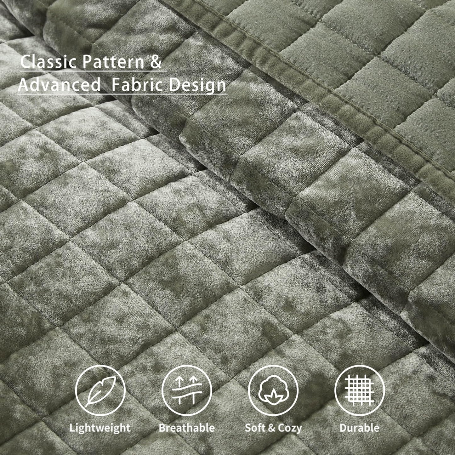 LEAONME Velvet Quilt King Size-98''x106'', Lightweight Olive Green Velvet Comforter Set with 2 Pillow Shams, Soft Bedspread Coverlet Quilted Bedding Set for All Season