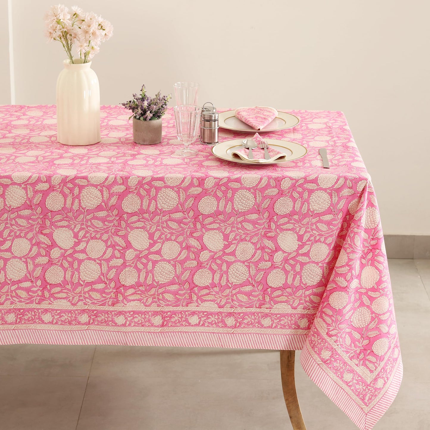 Labhanshi Indian Handblock Print Pre-Washed Cotton Floral 60x90 Inch Rectangle 6-Seater Tablecloth|Rustic Farmhouse Decorative Party Event Wedding Mother's Day Festive Holiday Decor|Hot Pink