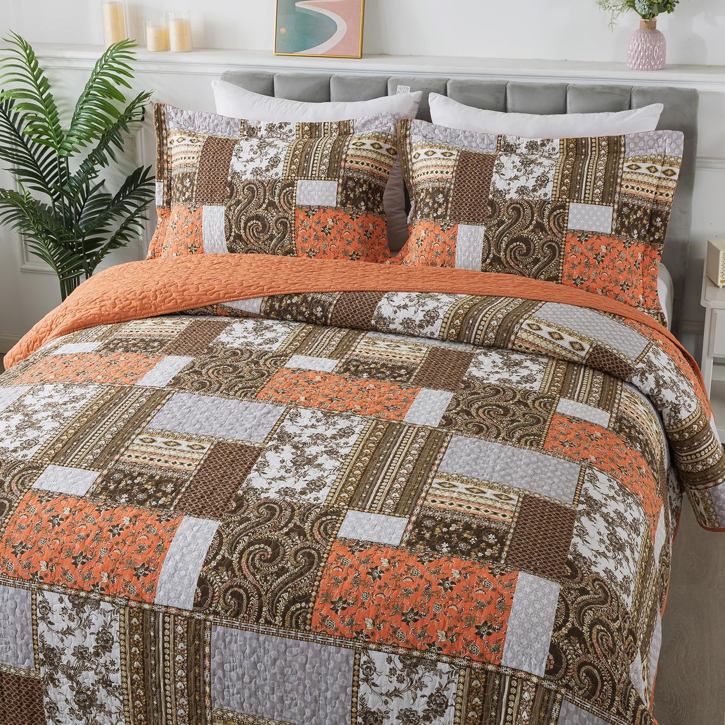 BEDIFANY Farmhouse Cotton Quilts Queen Size for Fall - Lightweight Patchwork Autumn Bedspread Set for Bed Coverlet - Highly-Woven Soft Reversible Bed Spread for All Seasons (Floral Orange) 3 Pieces