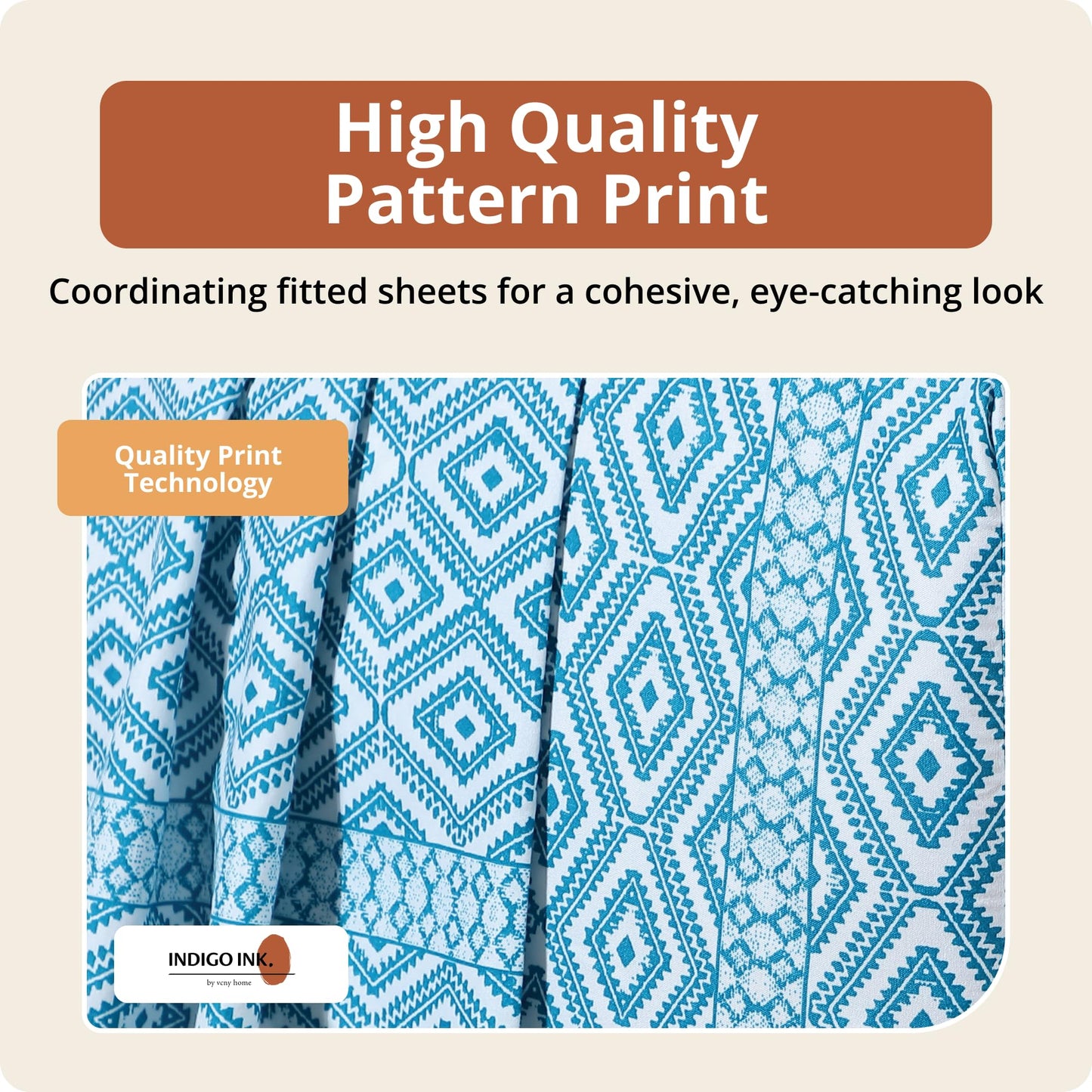 Indigo Ink Queen Size 4-Piece Sheet Set - Fitted & Flat Sheets & Pillowcases, Medium Weight, Soft & Breathable, Durable & Wrinkle Resistant, Deep Pocket Sheets, Tribal Jade Collection Enamel Blue
