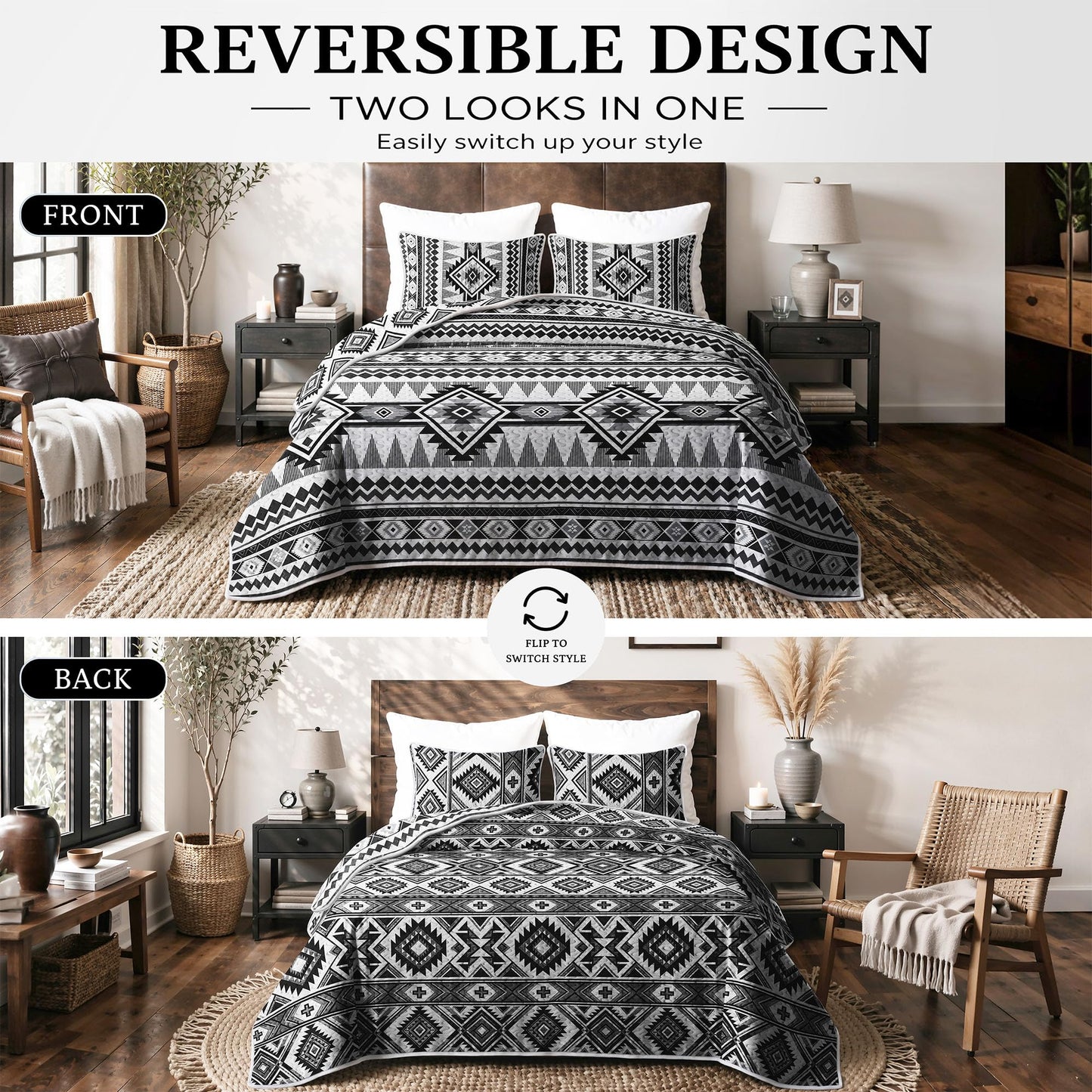 akkialla Reversible Black Boho Queen Quilt Set, 2-Piece Bohemian Aztec Microfiber Bedspread, Soft Lightweight All-Season Coverlet (1 Quilt, 2 Shams)