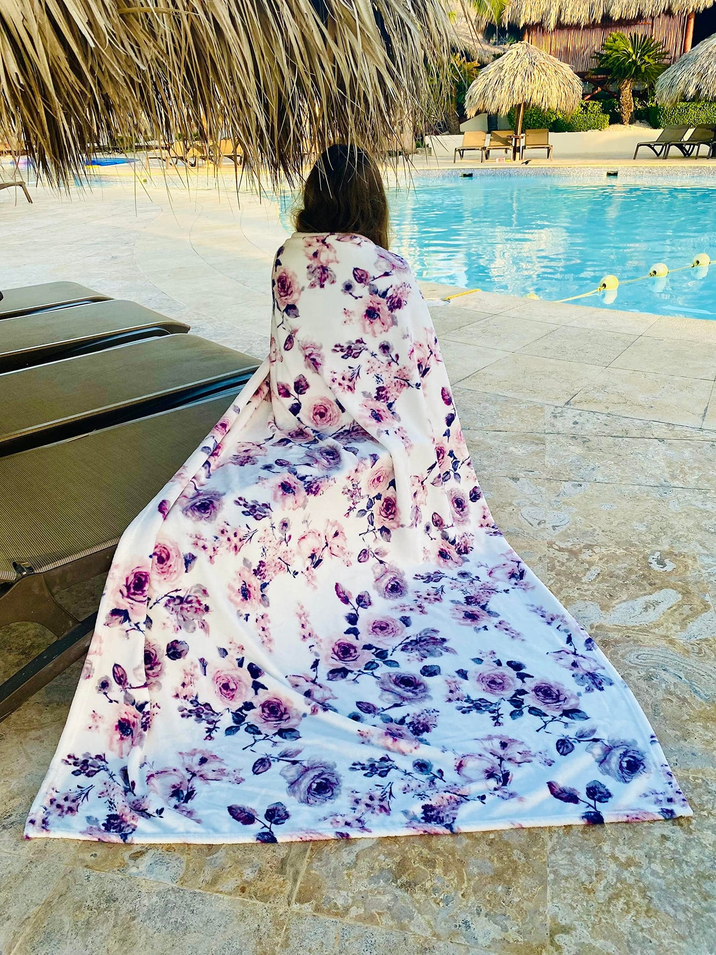 Decorative Floral Fleece Throw Blanket: Velvety Soft Plush Rose Flower Accent for Couch or Bed, Blush Pink Purple Navy Blue Grey on White, Oversized 50" x 70" Inches