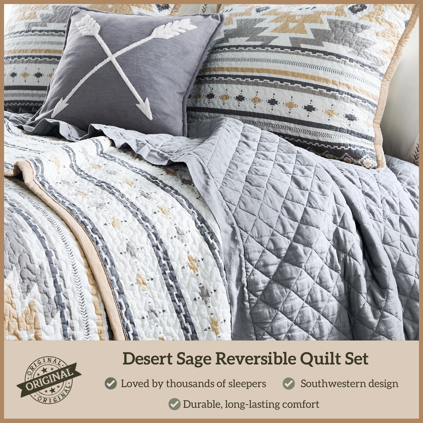 Paseo Road Desert Sage King Quilt Set, 3 Piece Rustic Western Bedding Set with Pillow Sham, Lightweight Reversible Cotton Quilt with Southwestern Aztec Pattern, Soft Breathable Cozy Boho Bedding