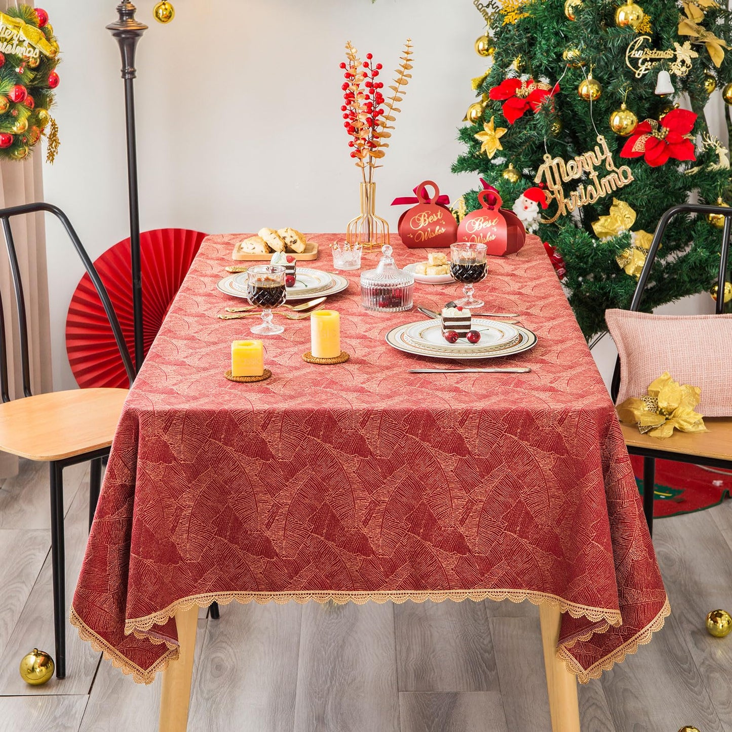 GLORY SEASON Festivel Tablecloth Classic Red and Golden Jacquard Fabric Table Cover Farmhouse Decoration 55x86 Inches Rectangle/Oblong for Party/Banquet/Kitchen Dining