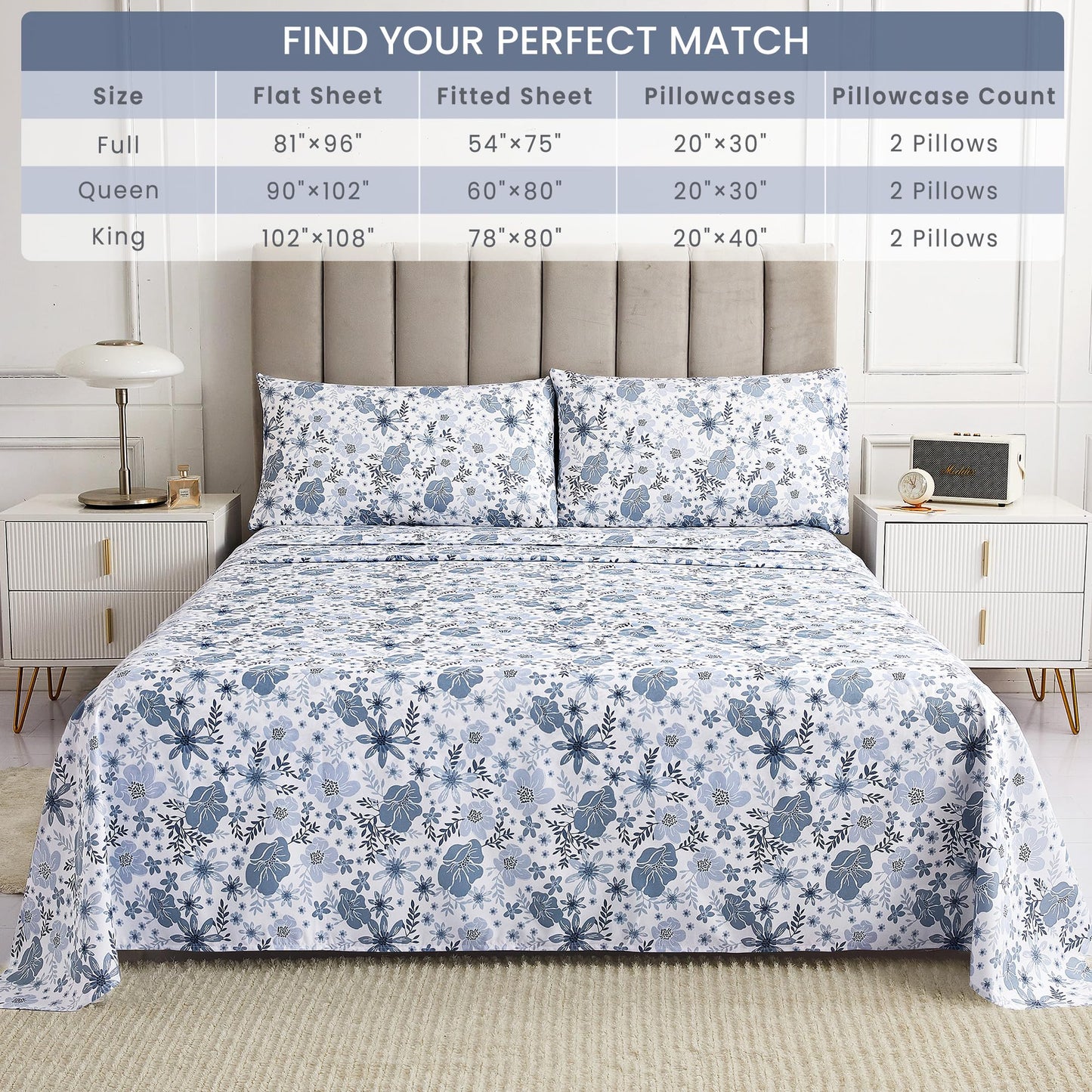 Mooreeke Queen Size Sheets Set - 4 Piece Soft Breathable Microfiber Bed Sheet Set - Blue & White Flower Pattern Sheet Set Queen - Deep Pocket Non-Slip Floral Fitted Sheet Included for All Season