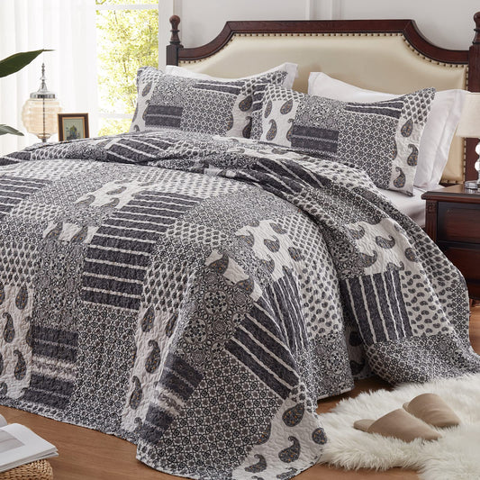 LEAONME Quilt Set King Size 3 Piece Bedspread Coverlet Lightweight Comforter Microfiber Reversible Bedding Set for All Season Oversized 98x106 Inch Bed Cover Paisley Gray (1 Quilt, 2 Pillow Shams)
