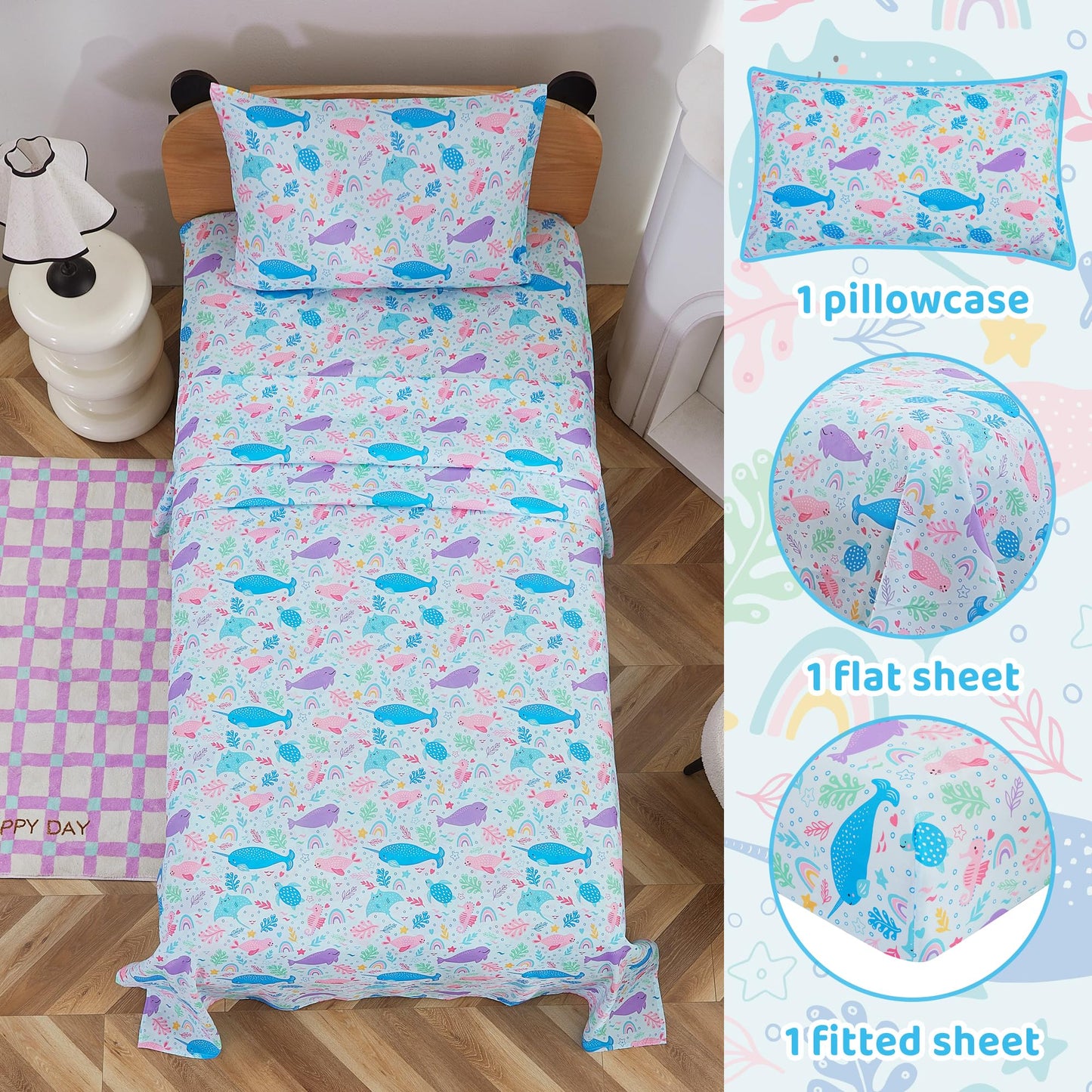 Viviland 3 Pieces Girls Blue Marine Twin Sheet Set - Soft Microfiber Fitted Flat Sheets & Pillowcase Bed Sheet Set - Colorful Marine Animals Print Bedding Sets for Kids