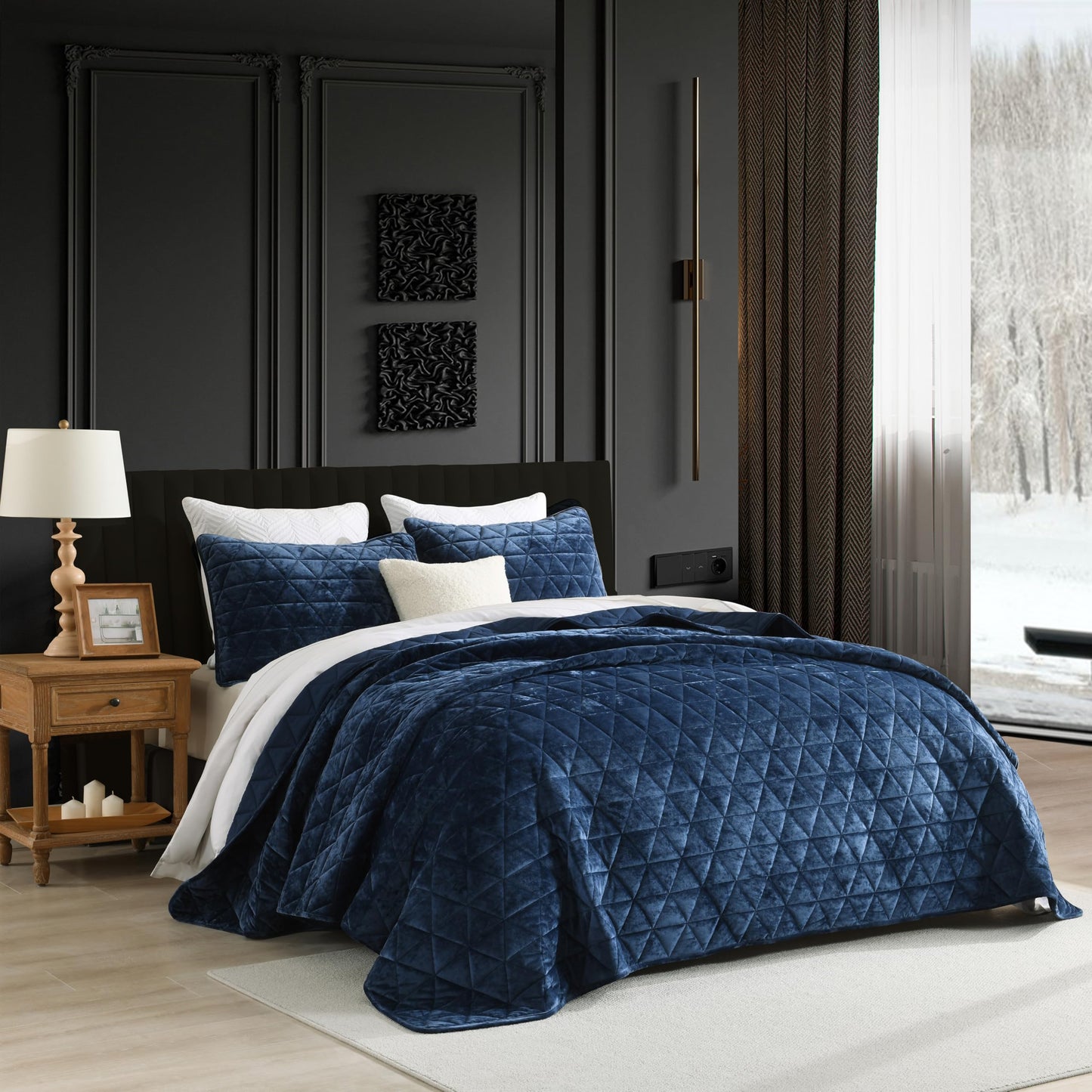 Homzard Velvet Quilt Set Queen Size Bedding Set, Blue Queen Size Comforter Set,Navy Blue Bedspreads, Luxurious Plush Bedding Sets，Soft Lightweight for All Season