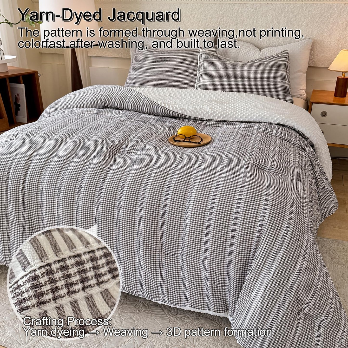 tohrisa Boho Comforter Set Twin Size - 2 Pieces Lightweight Jacquard Seersucker Bedding Sets (1 Soft Fluffy Grid Comforter & 1 Pillowcase) - All Seasons Cozy Modern Bed Set(68"x90" Dark Grey)