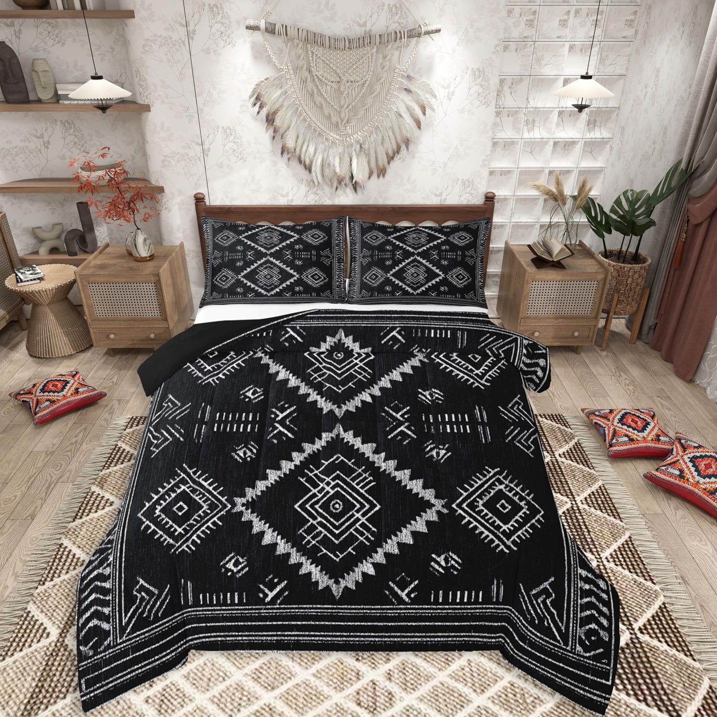 jejeloiu Boho Western Comforter Set Queen Size Bohemian Southwestern Bedding Set for Kids Boys Girls Aztec Decor Duvet Quilt Country Bedroom Farmhouse 3 Pcs with 2 Pillow Cases