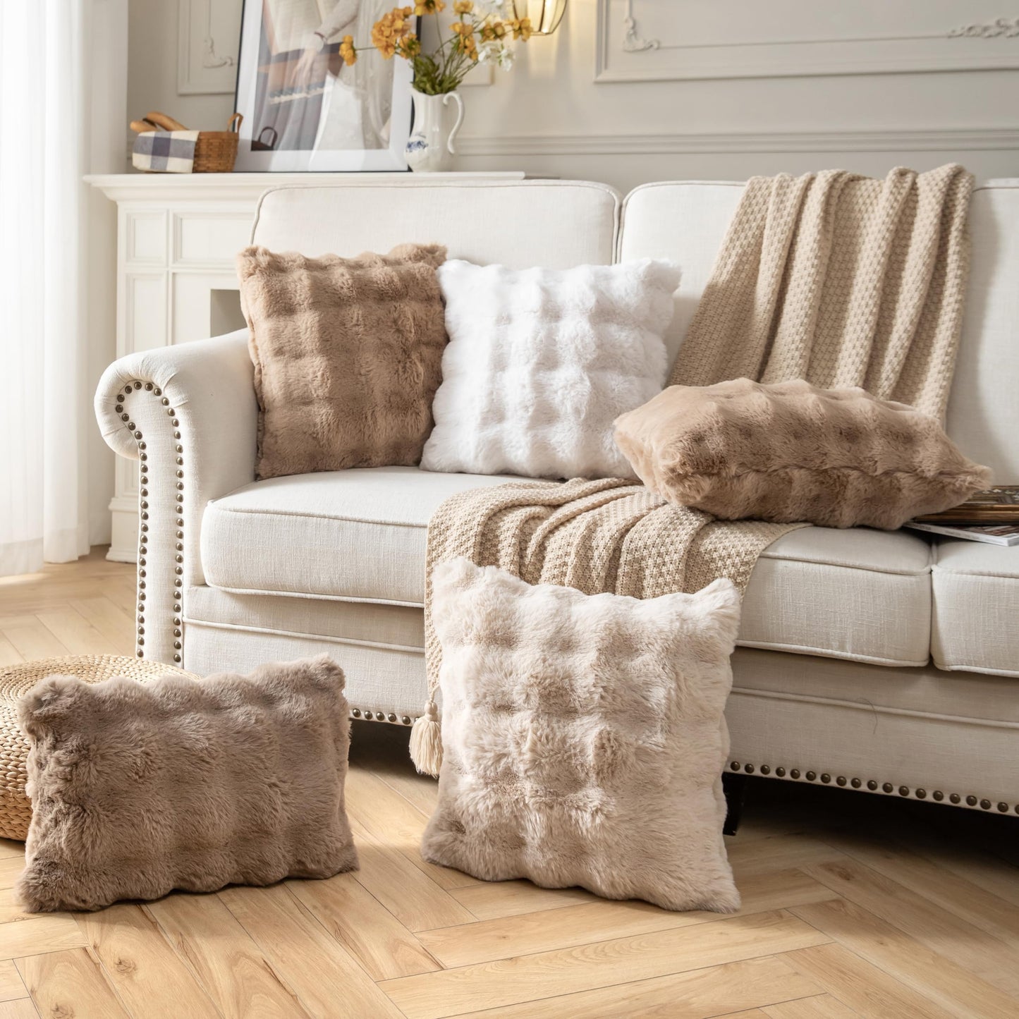Joyouth Pack of 2 Thick Plush Throw Pillow Covers Fluffy Wave Faux Fur Decorative Cushion Covers Soft Wool Pillowcase for Sofa Couch Livingroom 16x16 Inch Beige