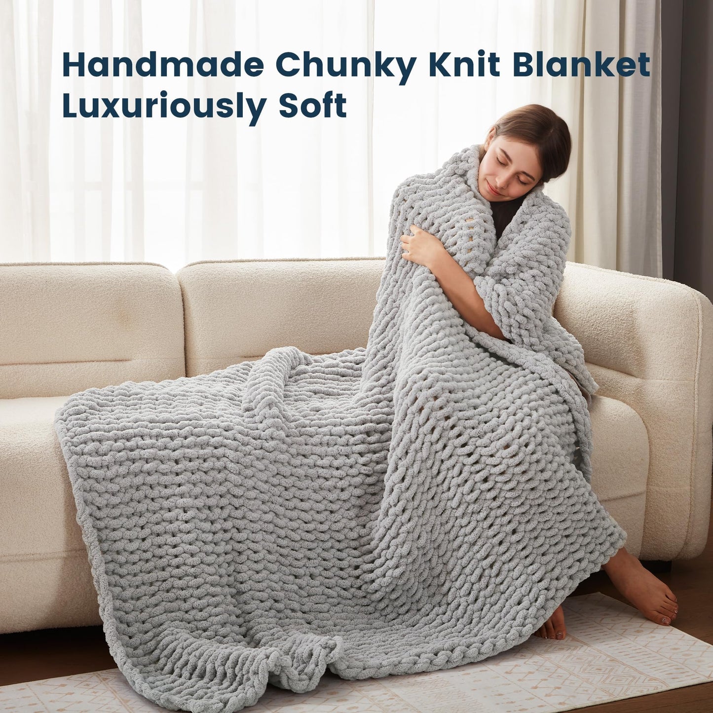 SLEEP ZONE Chunky Knit Throw Blanket for Couch, Throw Blankets for Bed - Hand Made Cozy Soft Large Rope Knot Heavy Blankets Home Decor (Grey, 50x60in)