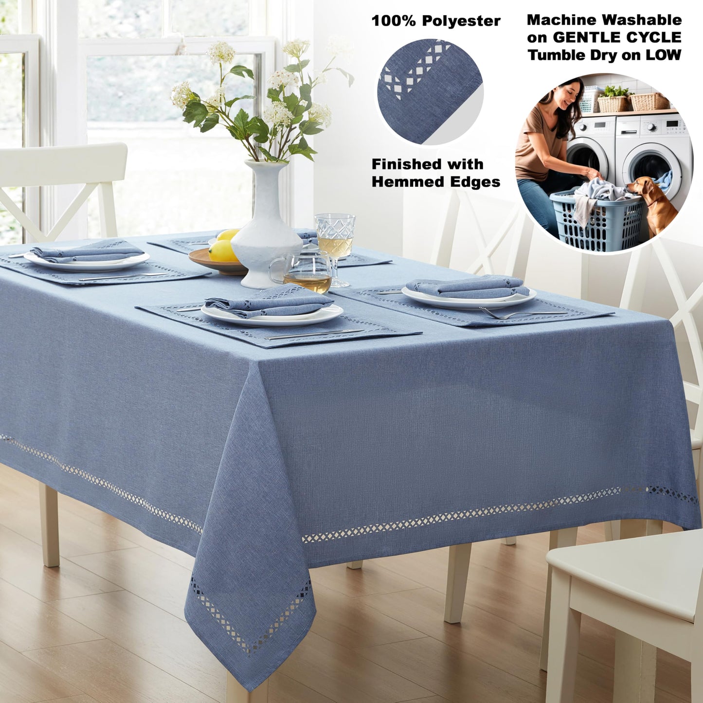 Newbridge Fabric Square Tablecloth, 52 x 52 Inch, Provence Lattice Cutwork Solid Color Textured, Water and Stain Resistant Easy Care Table Cloth for Parties, Wedgewood Blue