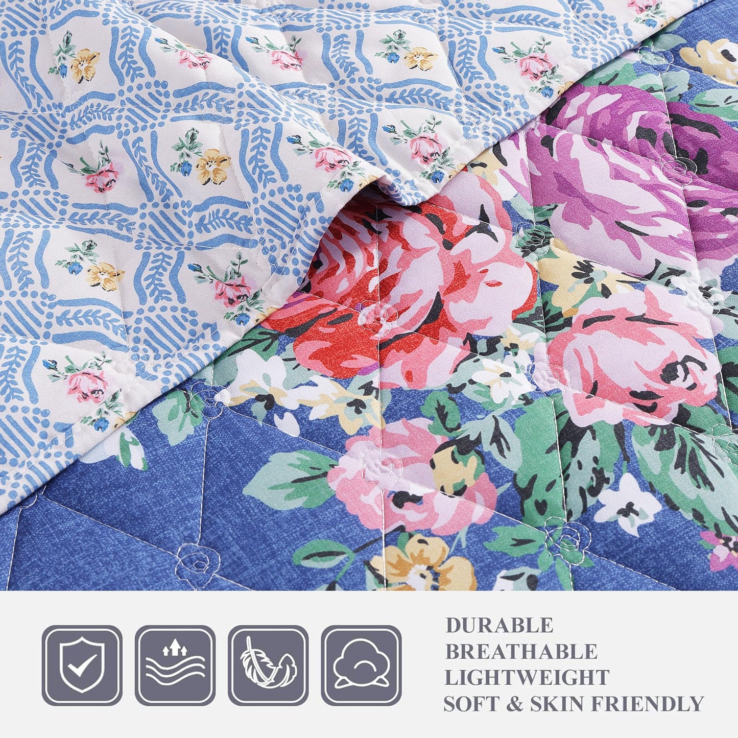 WRENSONGE Floral Quilt Set Queen Size, 3 Piece Reversible Lightweight Soft Bedspread Coverlet, Garden Farmhouse Botanical Diamond Stitched Bedding Set with 2 Pillow Shams for All Seasons