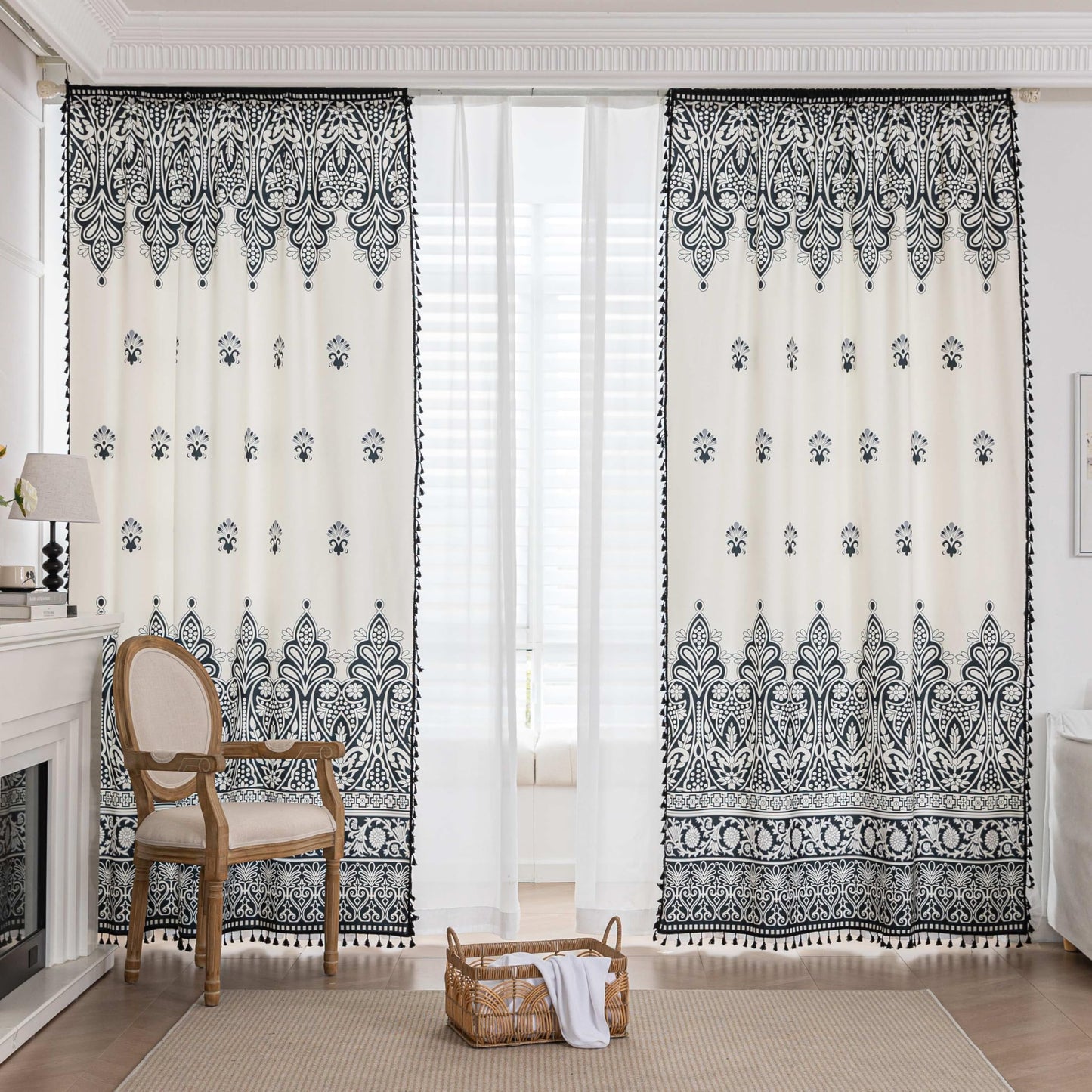 Erbnaryx Black Damask Curtains 72 Inches Long, Boho Farmhouse Light Filtering Rod Pocket Drapes with Tassel Trim for Bedroom Living Room, 2 Panels