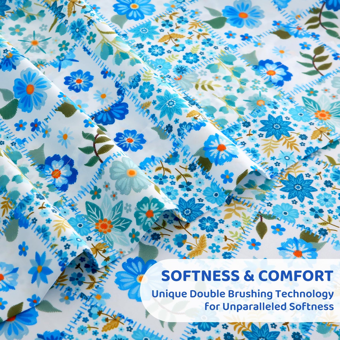 Mooreeke Cozy Pastoral Microfiber Printed Full Sheet Set - Soft & Breathable Blue Green Floral Patchwork Bed Sheets with Extra Deep Pocket - Non-Slip Fitted Design - Floral Patchwork Pattern - Full