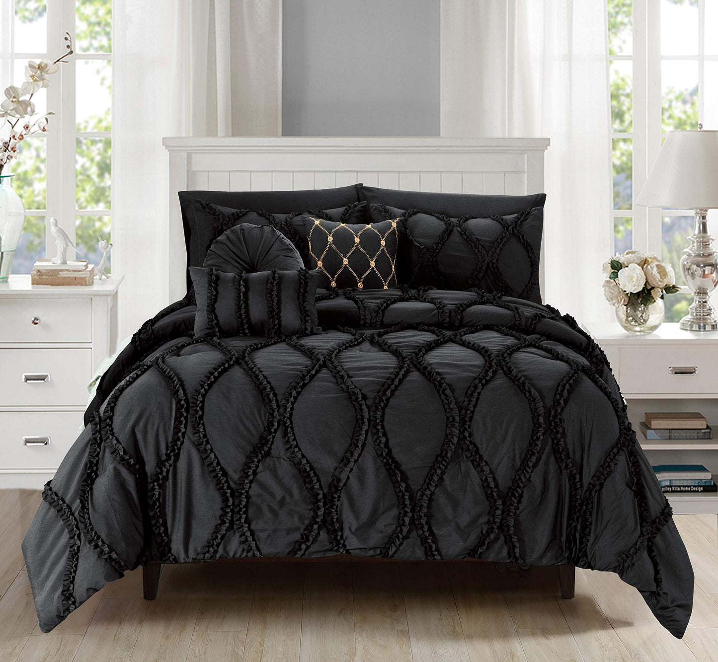 Elegant Comfort Luxury Best, Softest, Coziest 10-Piece Bed-in-a-Bag Infinity Design Comforter Set, Includes Bed Sheet Set with Double Sided Storage Pockets and Decorative Pillows, Full/Queen, Black
