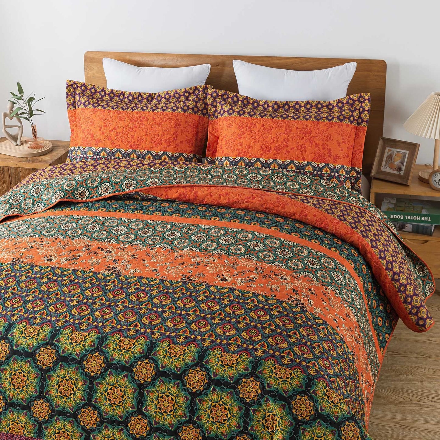 Travan Boho Stripe Quilt Sets Floral Printed Reversible Soft Bohemian Bedding Set with Shams for All Season, Orange Red Stripe, King Size