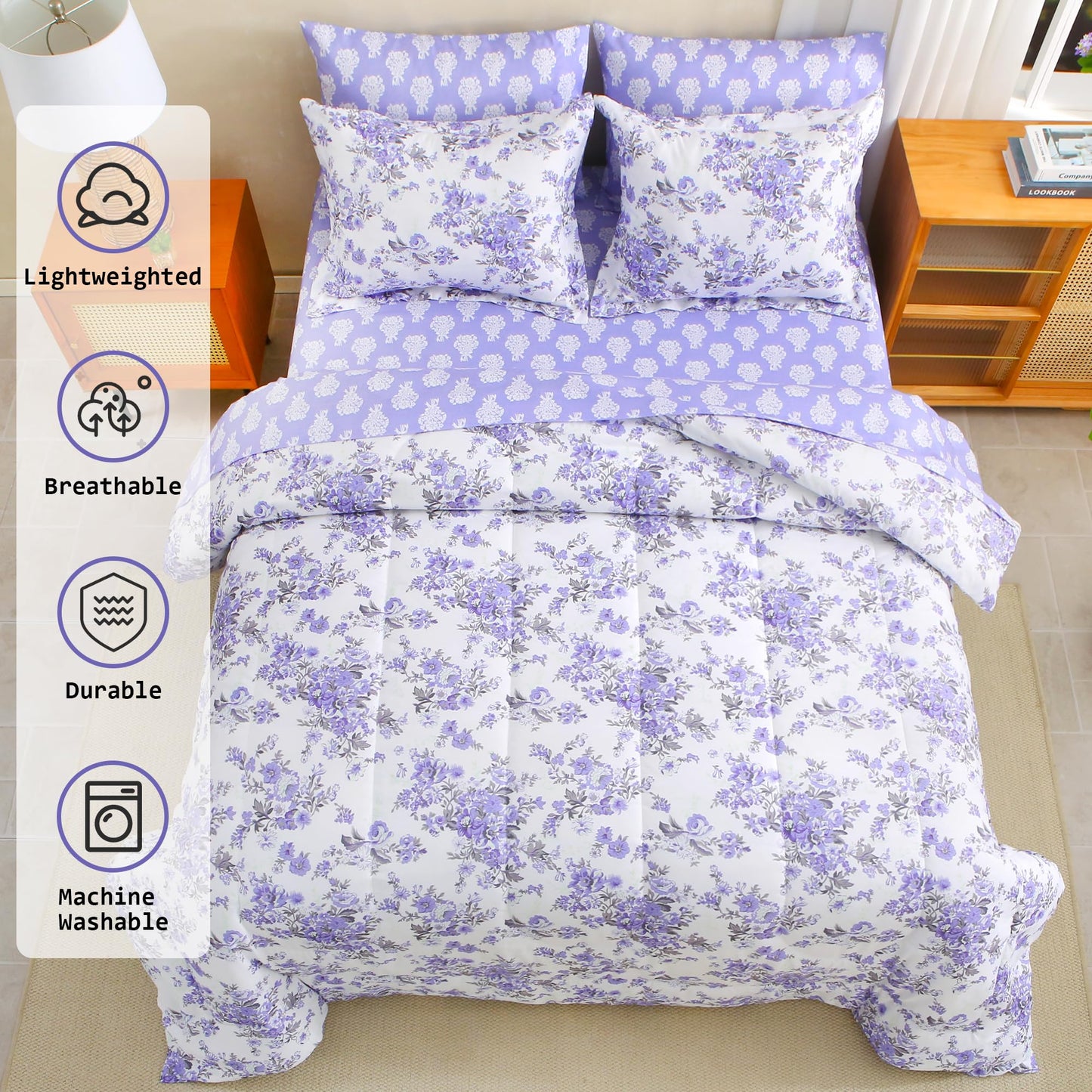 lasoftan Floral Queen Comforter Set with Sheets, 7 piece Luxury Vintage Bedding, Soft Microfiber Bed in a Bag, Cozy Lightweight Bed Set, Lavender Flower Grey Leaf