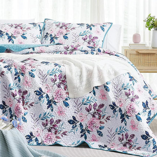 WRENSONGE Floral Quilt Queen Size - Reversible Botanical Flower Quilt Bedding Set Lightweight Bedspread Soft Coverlet for All Seasons (90"x94")