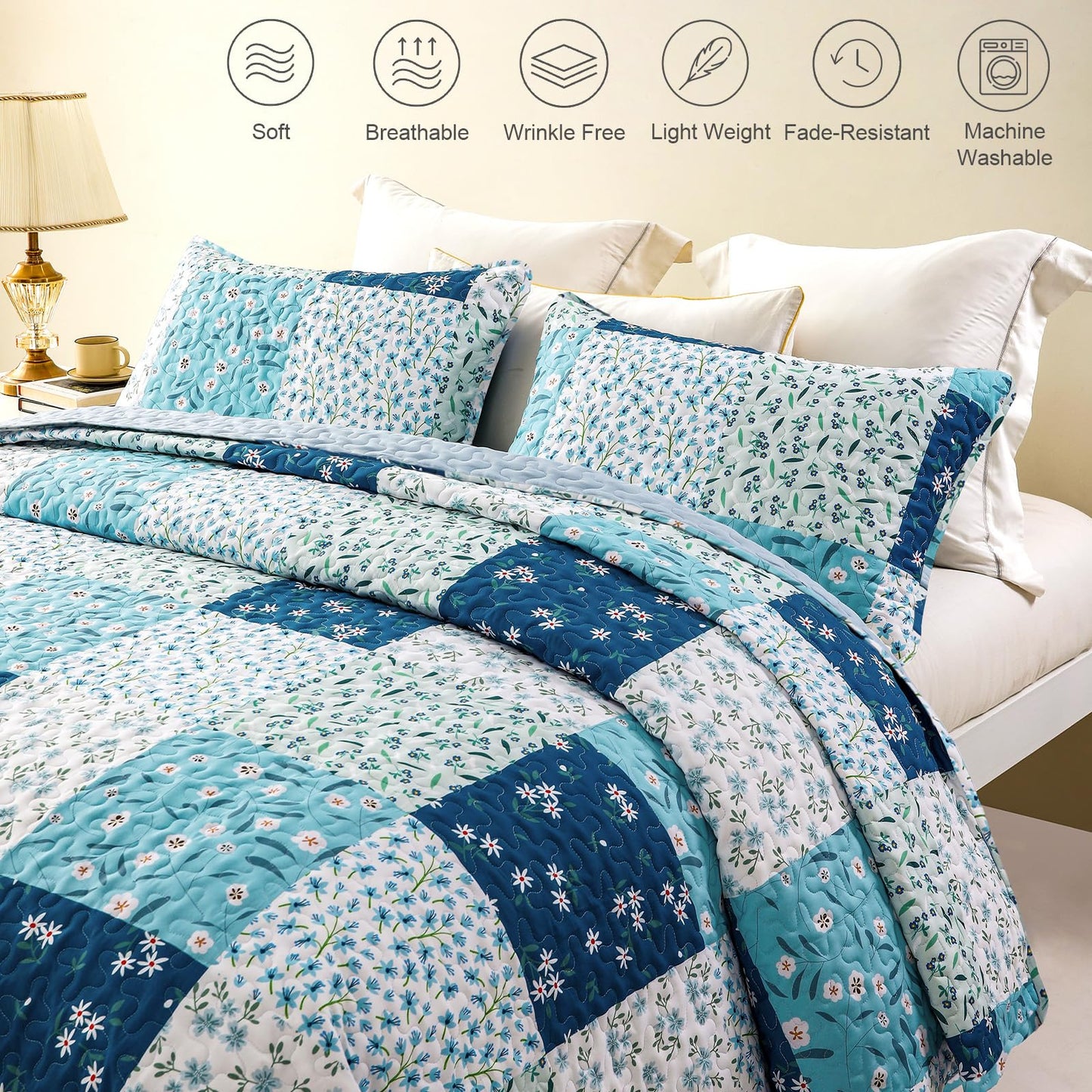 Whale Flotilla Patchwork Quilt King Size, Extra Soft Boho Floral Bedspreads for Bed Reversible Lightweight King Quilt Bedding Set Printed Coverlets with 2 Pillow Shams for All Seasons, Blue