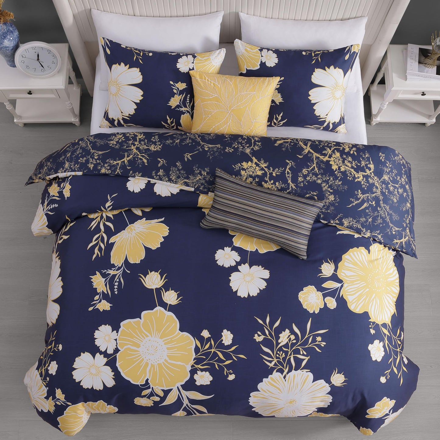 Bebejan Sunglow 5 Piece Comforter Set, 100% Cotton Sateen, 220 Thread Count, Blue Reversible Bedding Comforter Set, 1 Comforter, 2 Shams & 2 Pillows (King/Cal King)