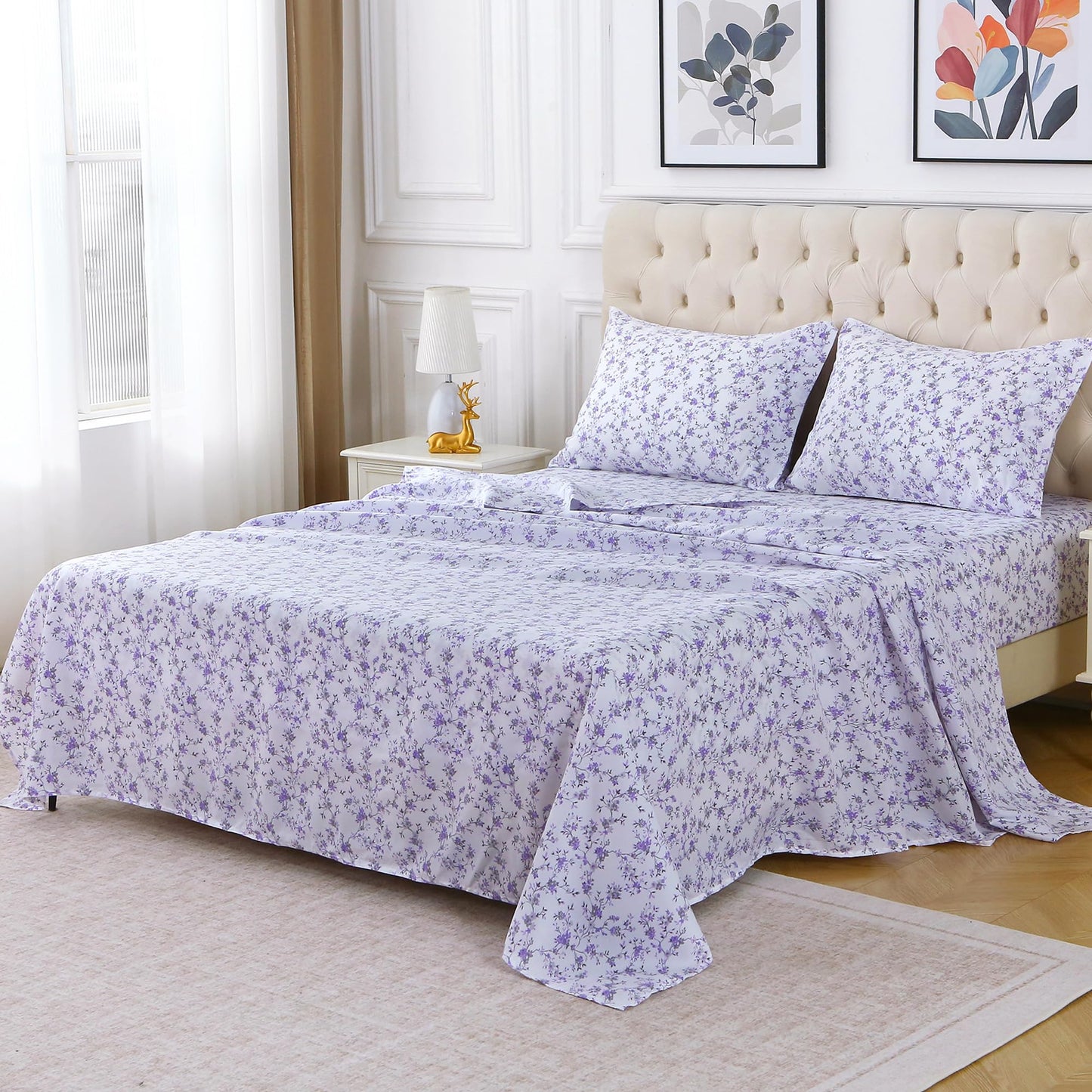 Viviland Floral Queen Sheet Set - 4 Piece Purple Lavender Botanical Patterned Bed Sheets - Soft, Breathable Microfiber Sheets with Deep Pocket, Non-Slip Fitted Sheets & Pillowcases