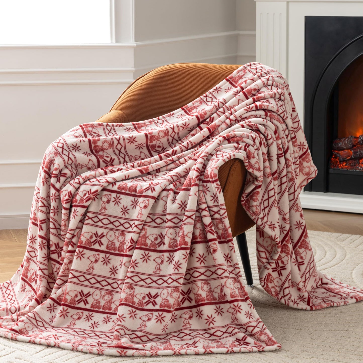 Berkshire Peanuts® VelvetLoft® Cute Character Snoopy Plush Throw Blanket,Cozy Fairisle Crimson Neutral,Throw 55 in x 70 in (Official Peanuts® Product)