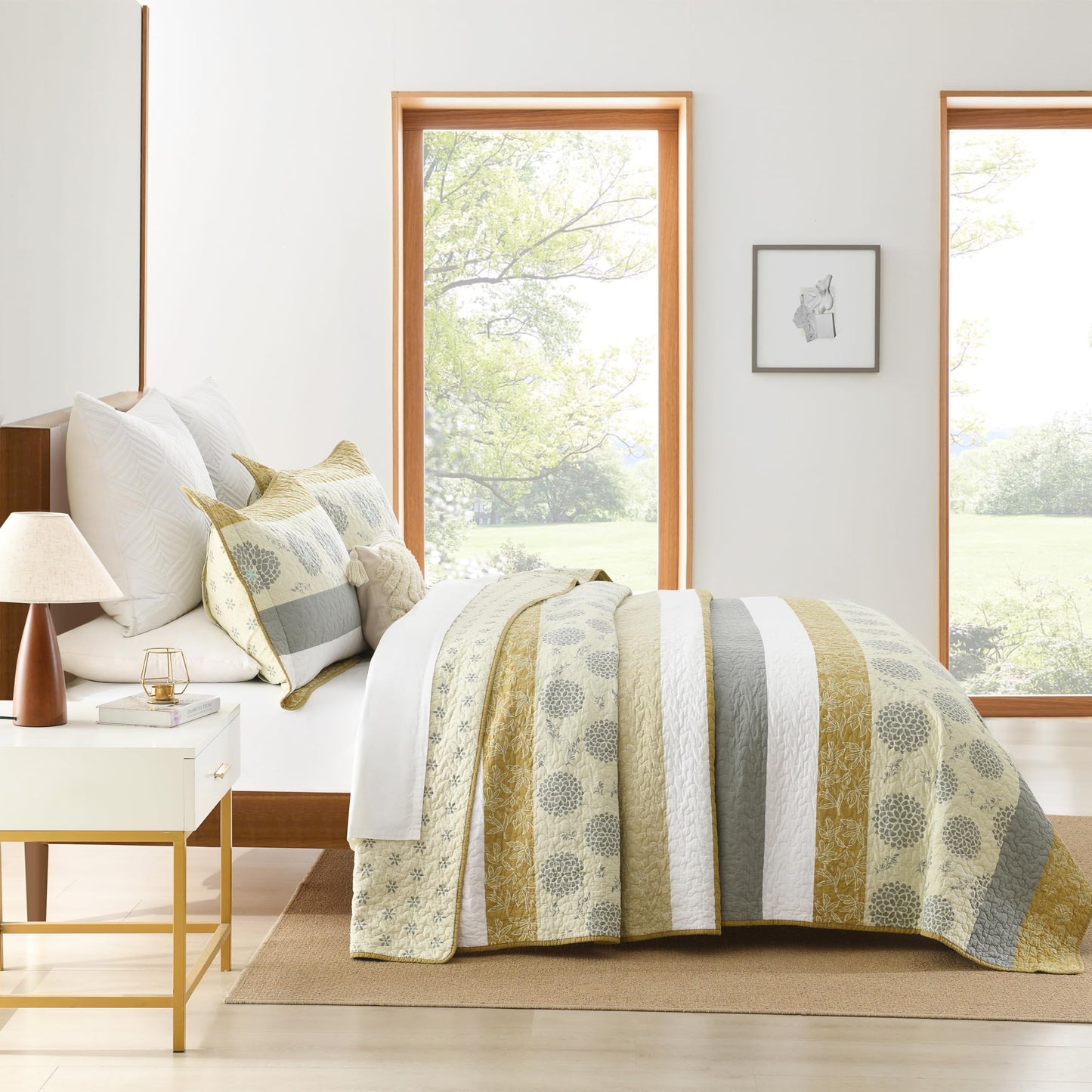 Homzard Quilt Queen Size - Queen Comforter Set,Mustard Yellow Beige Grey All Cotton Quilted Bedspread Set,Striped Floral Pattern Bedding,Lightweight Paisley 3 Piece,All Seasons