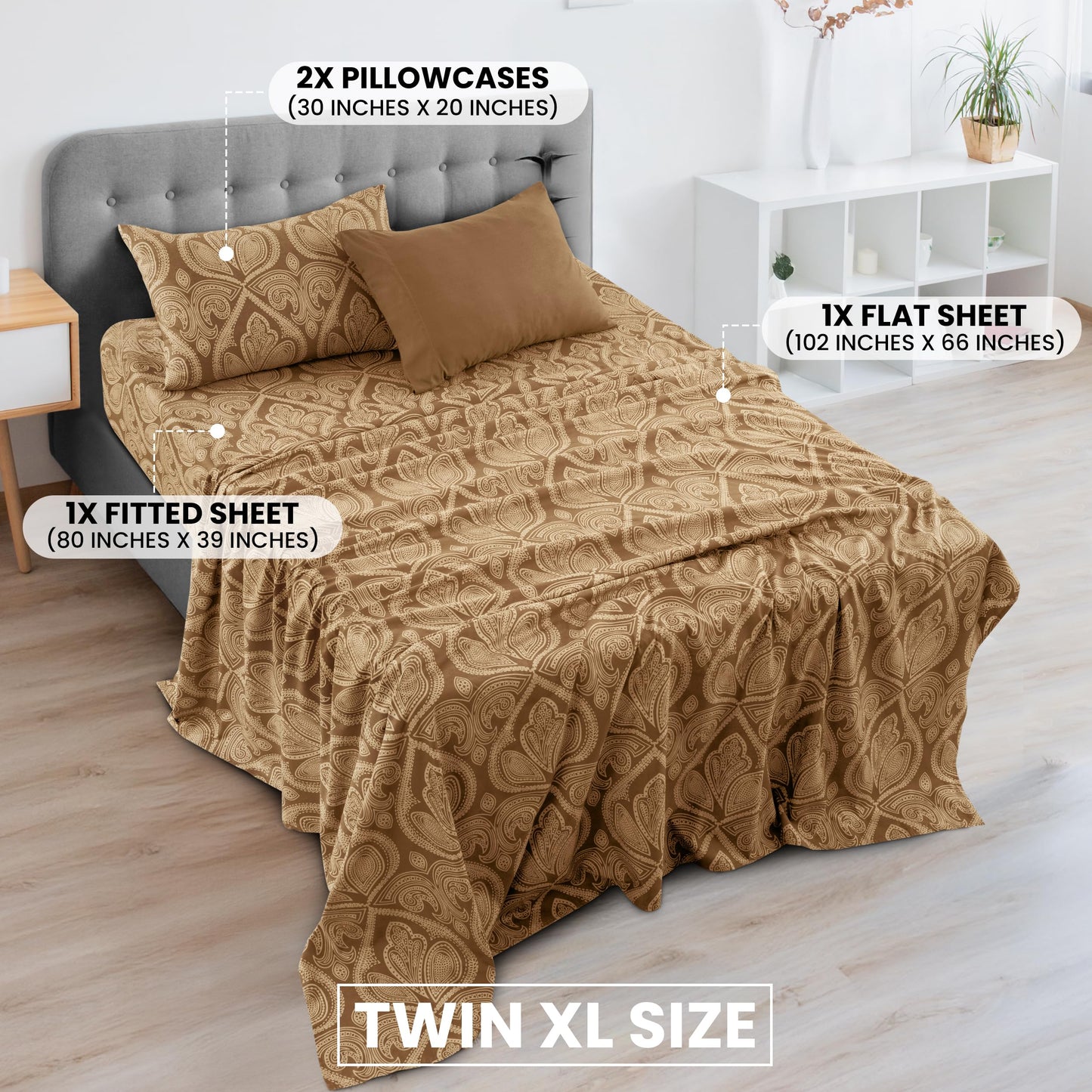 Ultra Soft Wrinkle-Free Microfiber Paisley Sheet Twin XL Set, Cute Floral Pattern Boho Print – 16" Deep Pocket Fitted Sheet, Flat Sheet & 2 Pillowcases, Breathable, OEKO-TEX - Brown