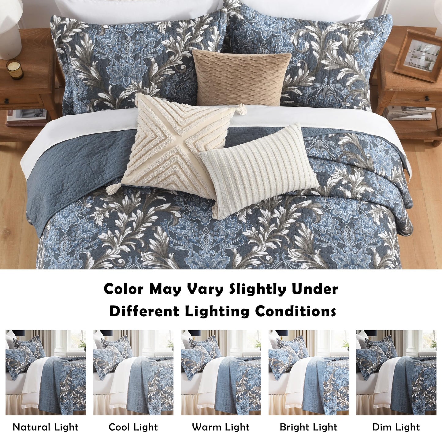 BCOTTOND King Size Quilt Set - Blue Gray and White Quilt Set King, 100% Cotton Floral Bedspread Set 3 Piece, Traditional Elegant Lightweight Comforter, Reversible Quilt Bedding Set for All Season