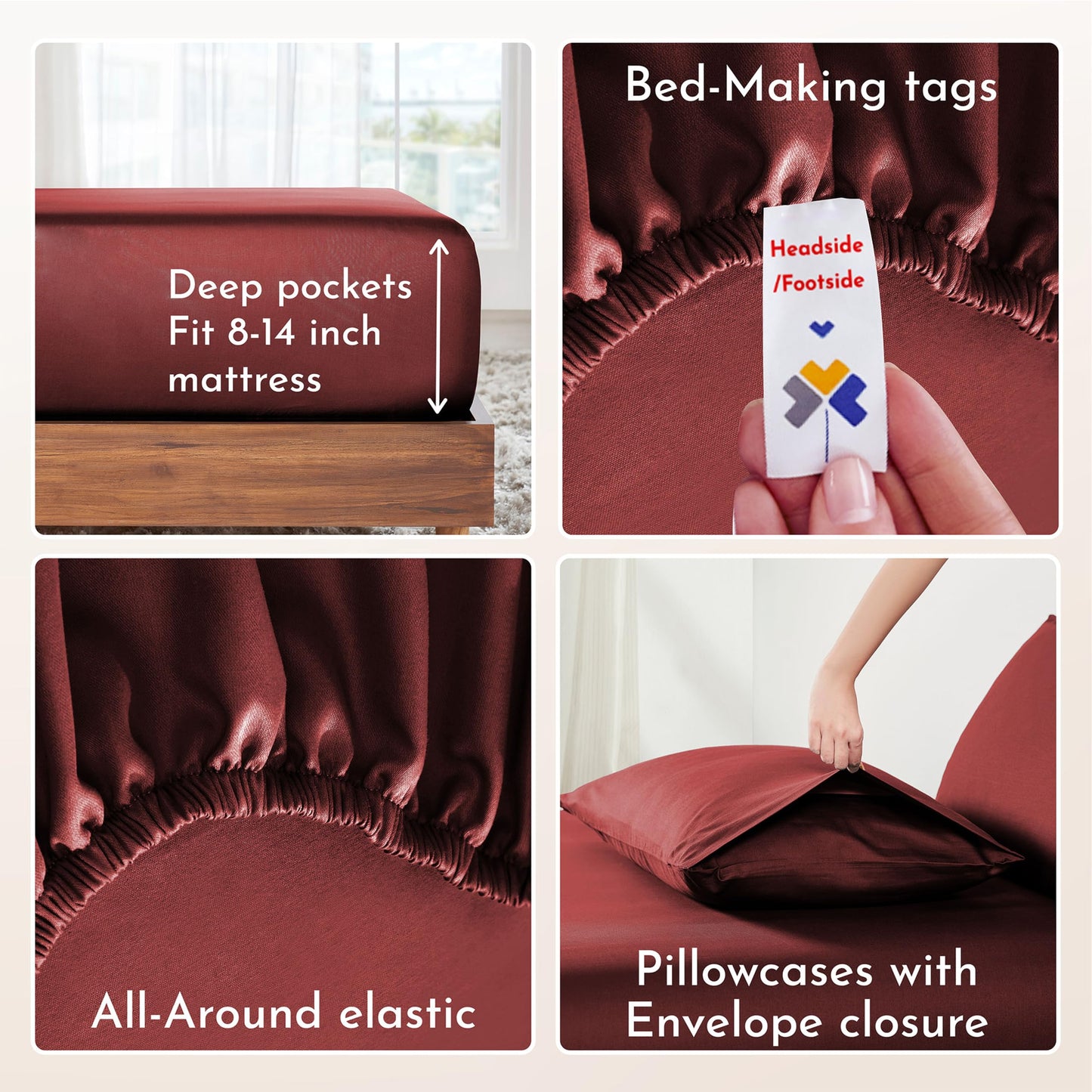 California Design Den Deep Pocket Queen Sheets Set - Natural 100% Cotton Sheets Queen Size Bed Set, Soft Sateen Weave, Breathable and Durable Bedding (Brick Red)