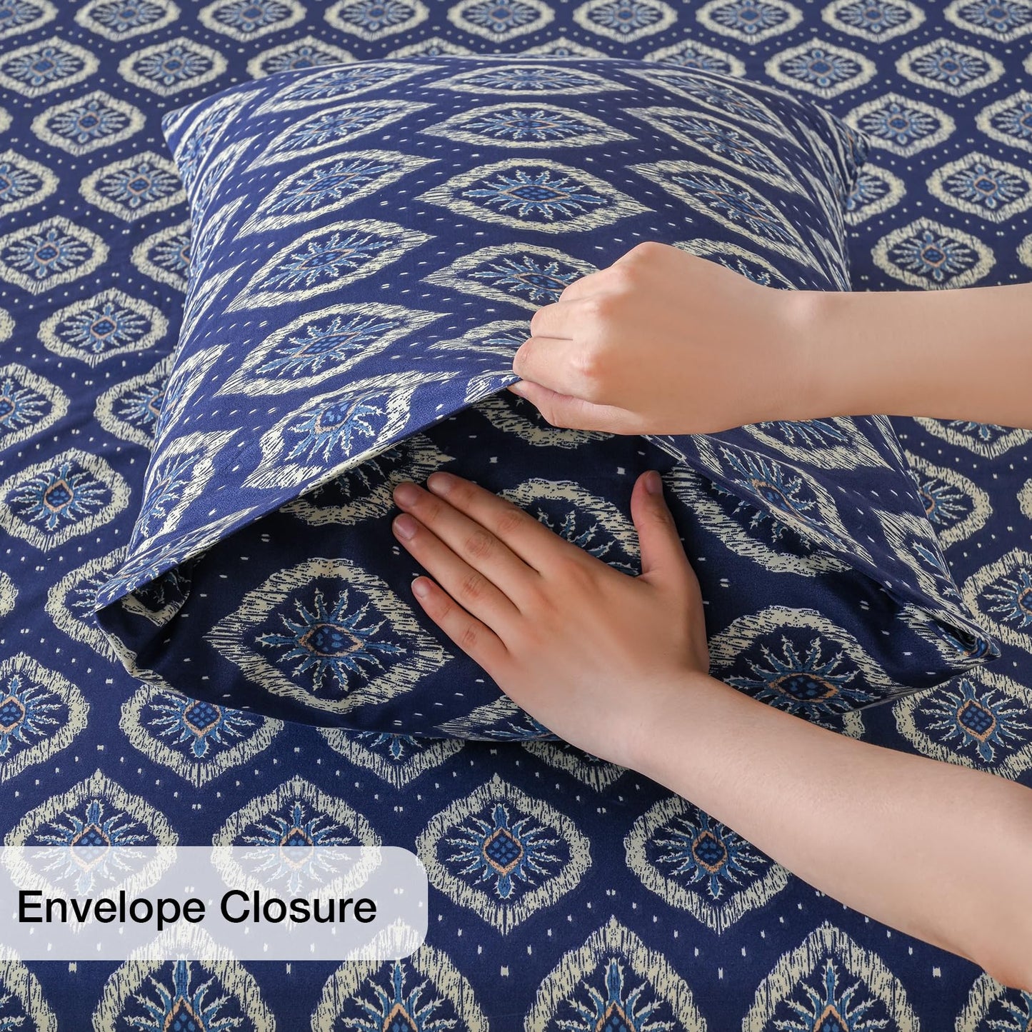 Yibeizi Navy Blue Patterned King Sheet Set Boho Printed Bed Sheets Microfiber Bedding Sheets & Pillowcases Soft 15" Extra Deep Pocket Fitted Bedsheet 4 Piece