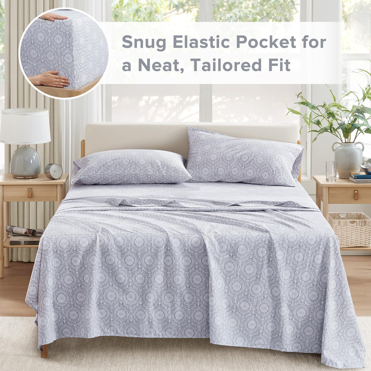 Comfort Spaces 100% Cotton Sheet Set Breathable, Lightweight, Soft with 14" Elastic Pocket Fits up to 16" Mattress, All Season Cozy Bedding, Matching Pillow Case, Cal King Adelia Gray 4 Piece