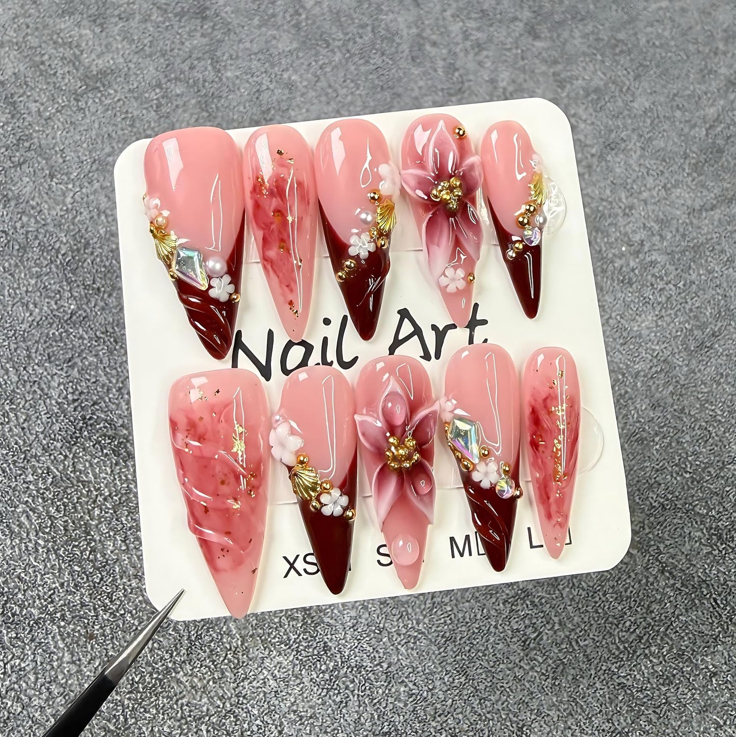 Handmade Press On Nails Almond Long Homemade Press On Nails French Tip With 3D Design Fake Nail Art For Women M