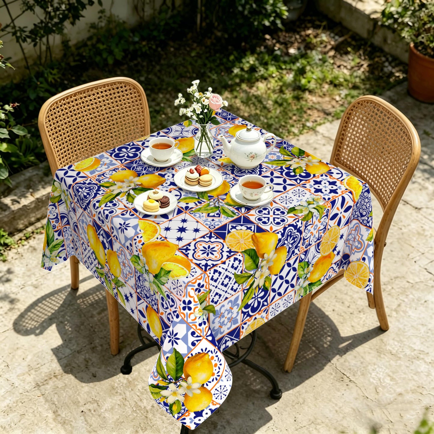 Yighty Square Lemon Tablecloth 70x70 Inch,French Lemon Blossom Spring Summer Tablecloth, Waterproof Wrinkle-Resistant Washable Rectangular Tablecloth for Picnics, Party, Camping and BBQ