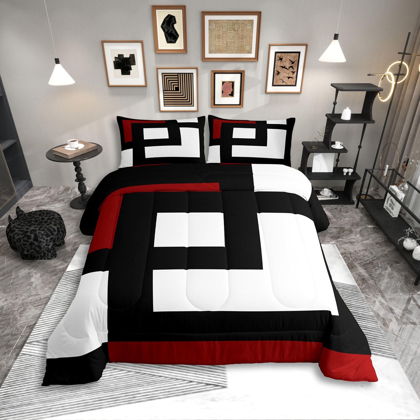 Erosebridal Red Black and White Striped Queen Comforter Set for Adult Women Men Square Abstract Bedding Set Modern Geometric Stripes Bold Lines Bed Set Minimalist Stylish Plaids Quilt Set