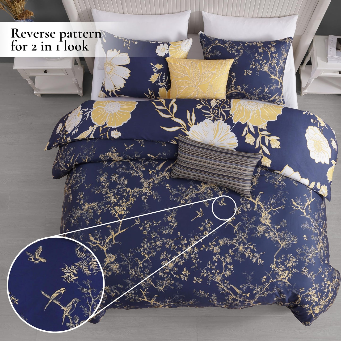 Bebejan Sunglow 5 Piece Comforter Set, 100% Cotton Sateen, 220 Thread Count, Blue Reversible Bedding Comforter Set, 1 Comforter, 2 Shams & 2 Pillows (King/Cal King)