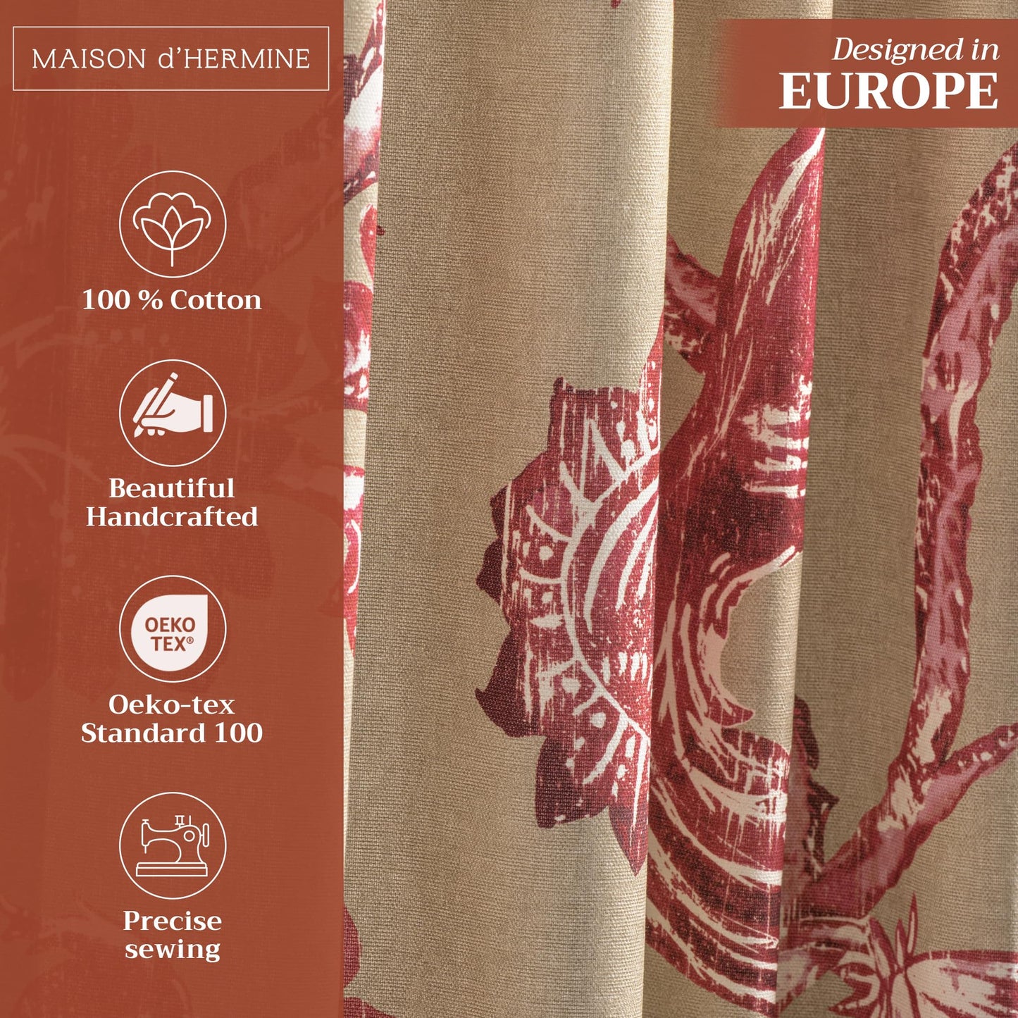Maison d' Hermine Curtains for Living Room 100% Cotton 96 inch Length One Panel Light Filtering Curtains for Windows with Rod and Loop Pockets Spring Summer (Bowral, 50" W x 96" L)