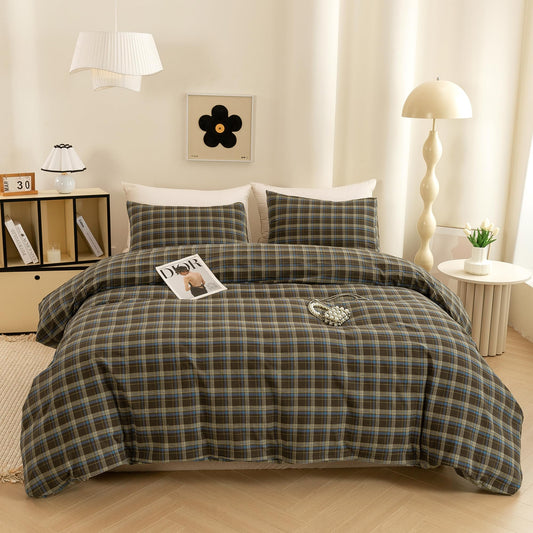 ECOCOTT Buffalo Plaid Duvet Cover Queen Size – 3 Piece Washed Cotton Brown & Blue Bedding Set, Soft & Breathable, Reversible Checkered Design with Zipper Closure & Corner Ties