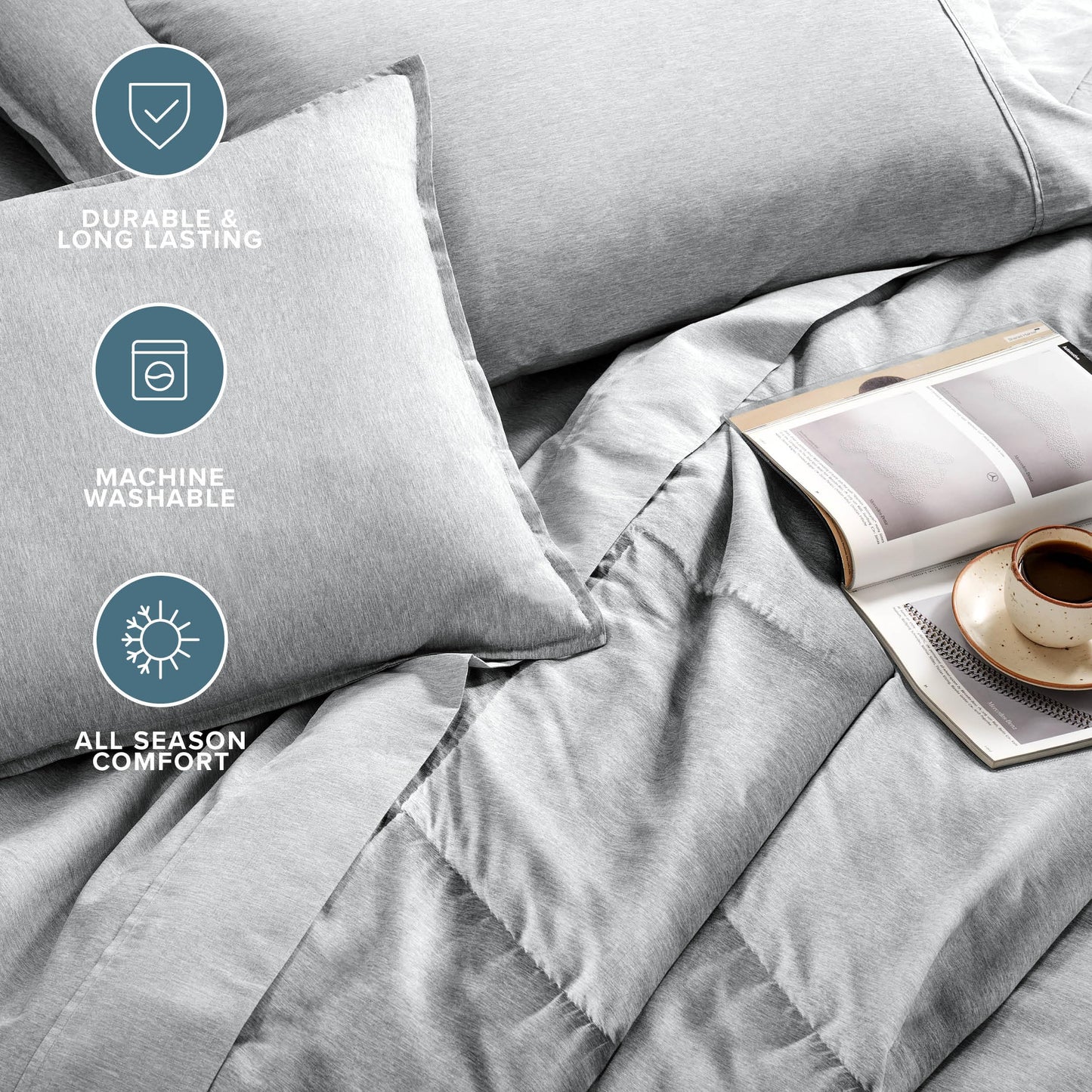 Bare Home Bed-in-A-Bag 7 Piece Comforter & Sheet Set - King - Goose Down Alternative - Ultra-Soft 1800 Premium Bedding Set - Cationic (King, Heathered Pewter)