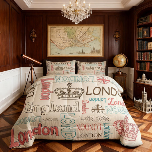 Manfei London Kids Comforter Set Full Size,Famous England City Building Bedding Set,Boys Girls Adults Room Decor,Watercolor Hand-Drawn Words Hip-hop Down Comforter,Fashion Duvet Insert,2 Pillowcases
