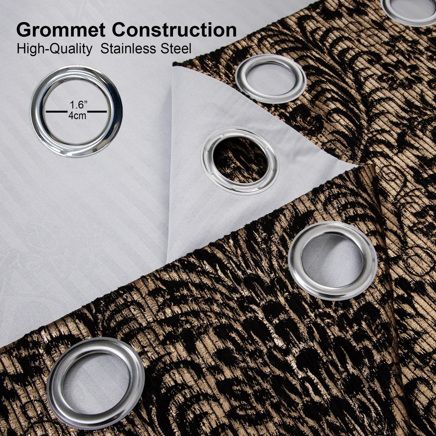 always4u 100% Blackout Damask Foil Print Black and Gold Ridged Velvet Curtains 108 Inches Long Drapes 2 Panels Shiny Metallic Window 54 * 108 Inches