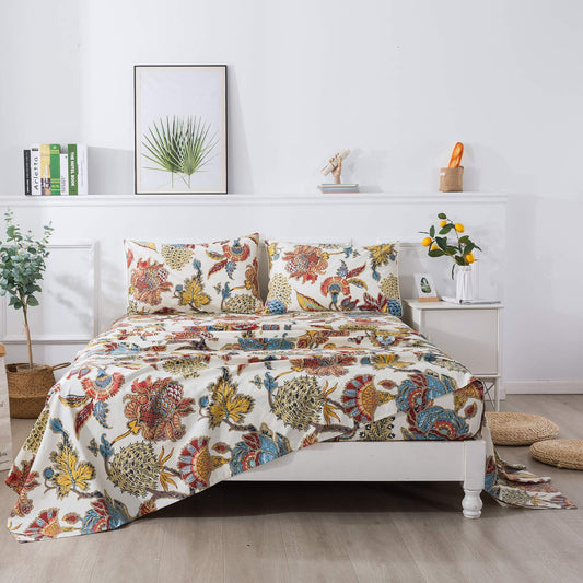 Helthep Vintage 4pcs King Size Deep Pocket Bed Sheet Sets 100% Egyptian Cotton Bedding Collection Colorful Boho Baikal Flower Pattern Western Farmhouse Luxury Damask Bedding Set