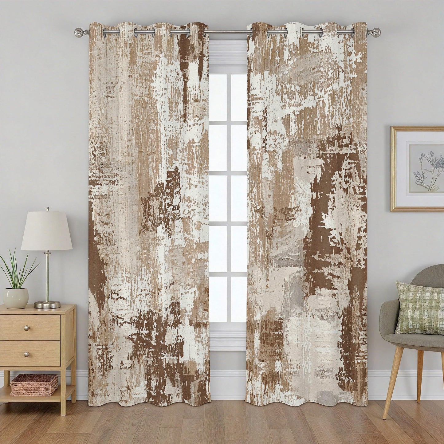 Rufxnn Abstract Curtains, Modern Distressed Curtain Blackout, Contemporary Neutral Curtains 63 Inch Length, Minimalist Brown Drapes for Living Room Bedroom, Grommet Room Darkening Curtain 2 Panel Set