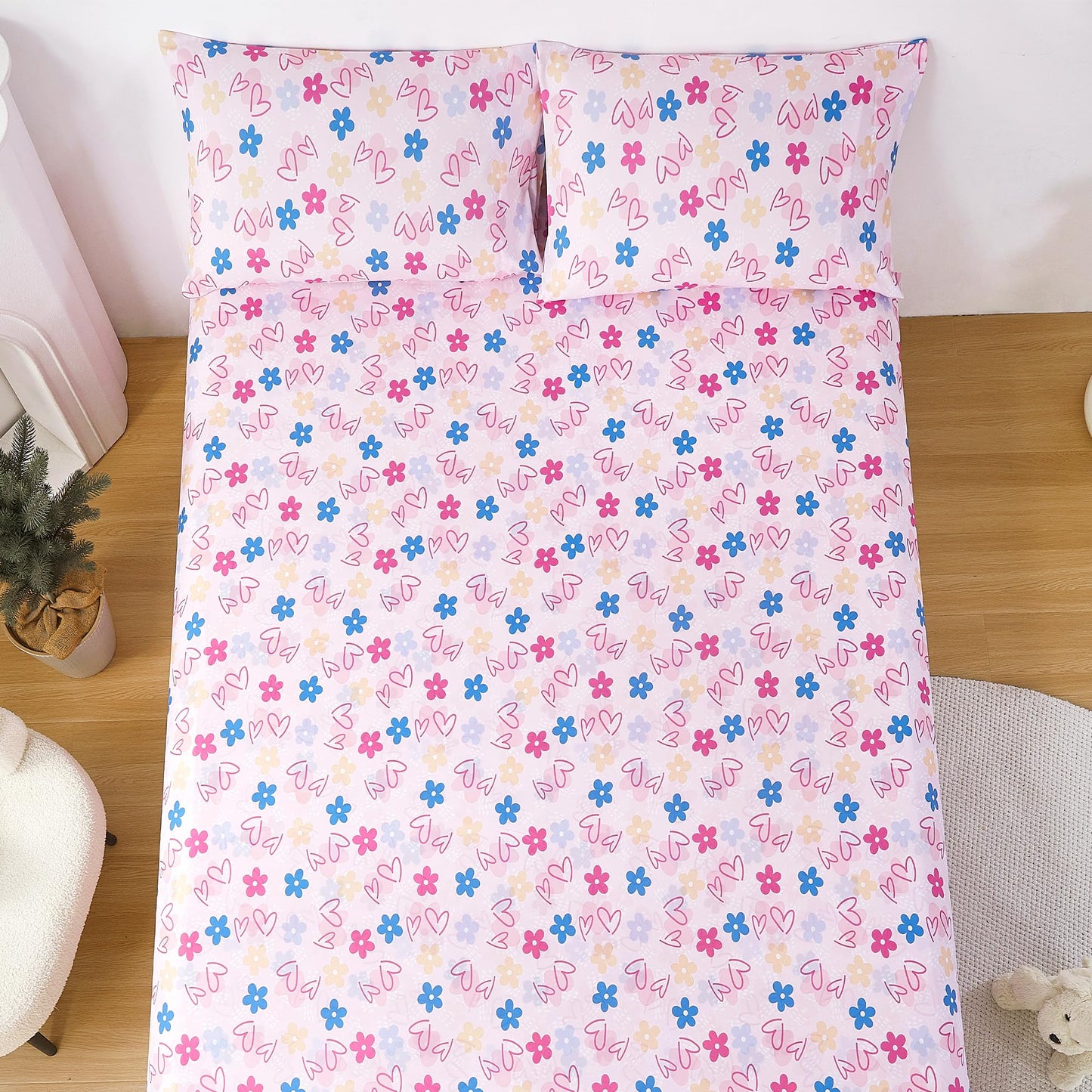 CozySmile Full Sheet Set Kids,4 Pieces Breathable Soft Microfiber Bedsheets for Child Girls, Oeko-TEX, Anti Pilling Deep Pockets Easy Care Bed Sheets, Heart
