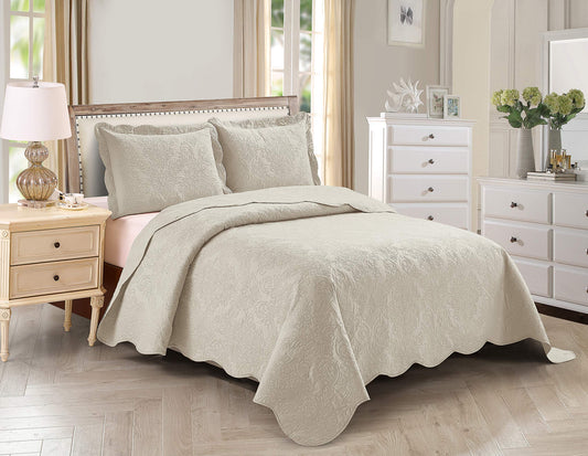 Kids Zone Home Collection, Over Size, Elegant Vintage Floral Pattern Embossed, Light Weight, Scalloped Edges, Bedspread Set, Solid, #Stacy, 2 Pieces, Twin, Beige