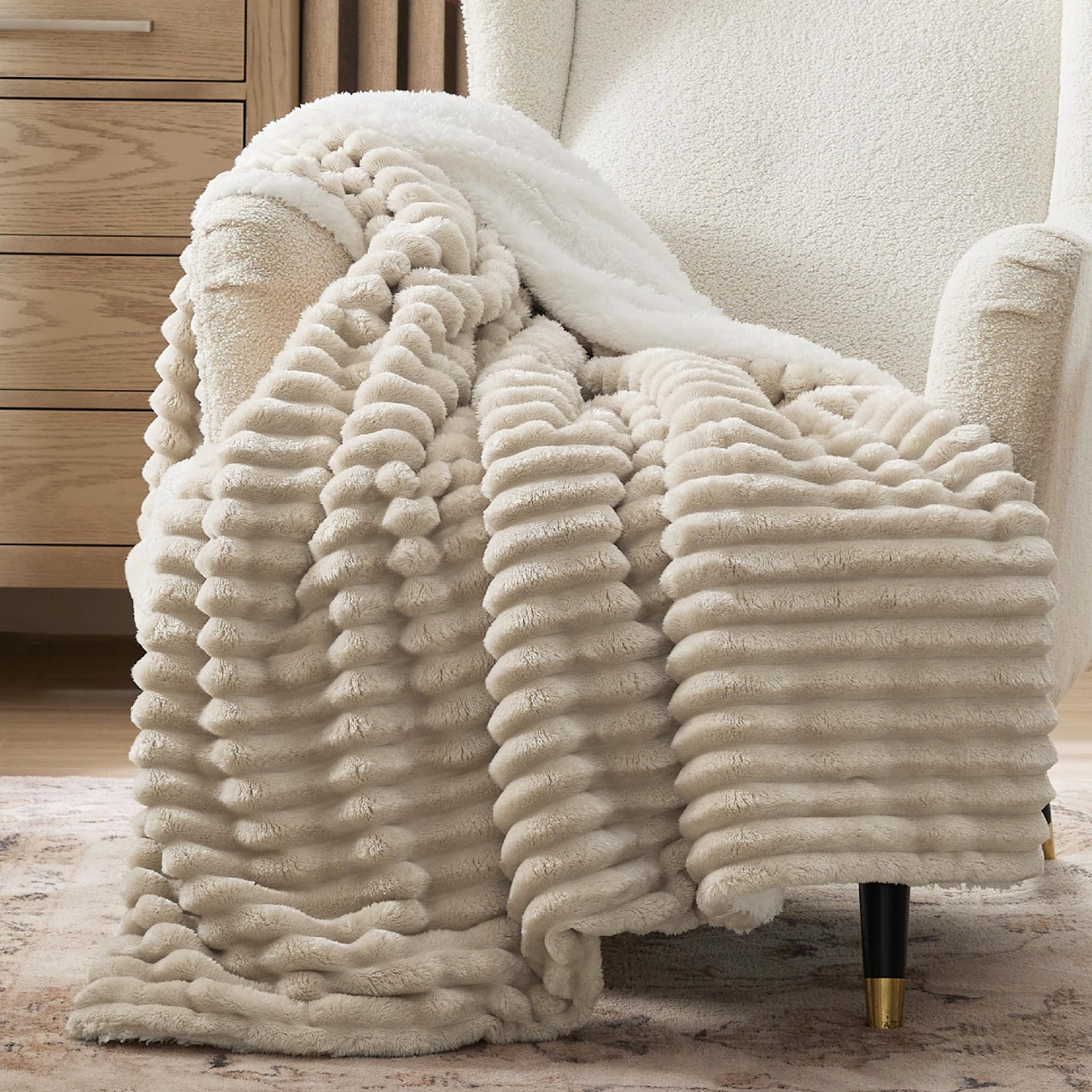 Bedsure Sherpa Throw Blanket for Couch - Super Soft, Comfort Cozy Fleece Thick Warm Blanket for Women, GentleSoft Plush & Fluffy Spring Throw Gift for Women, Room Decor, Beige, 50x60 Inches