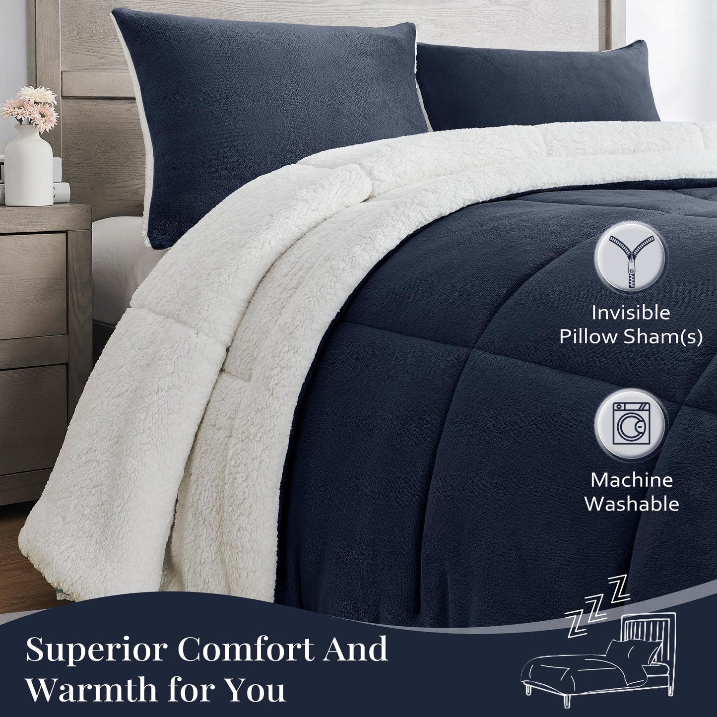 Basic Beyond King Size Comforter Set - Thick Fleece Sherpa Comforter Sets King Size Bed, Soft and Fuzzy Bedding Comforter Set King Size for Winter, Navy, 104"x88"