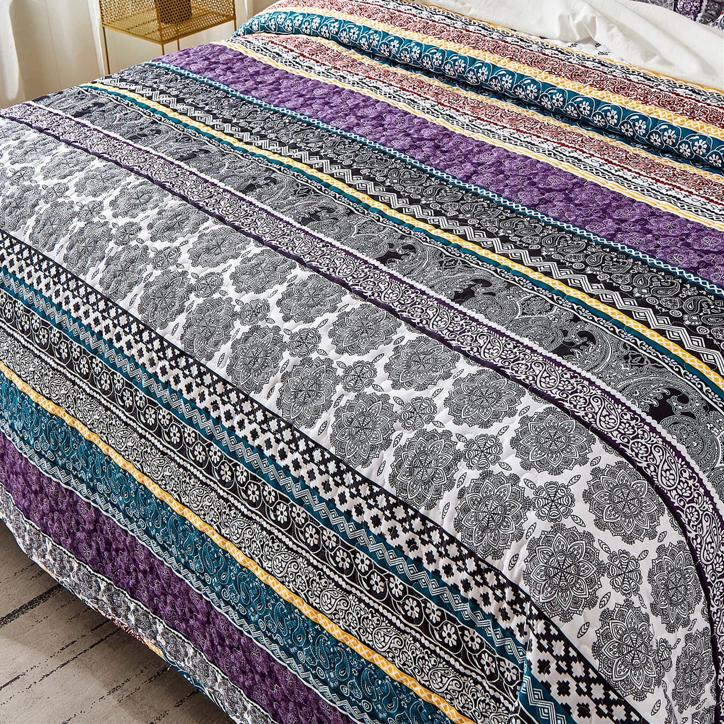 WONGS BEDDING Boho Quilt Set King Size, Purple Bohemian 3 Pieces Quilt Sets, Lightweight Bedspread Coverlet Bedding Set for All Season (103"x90")